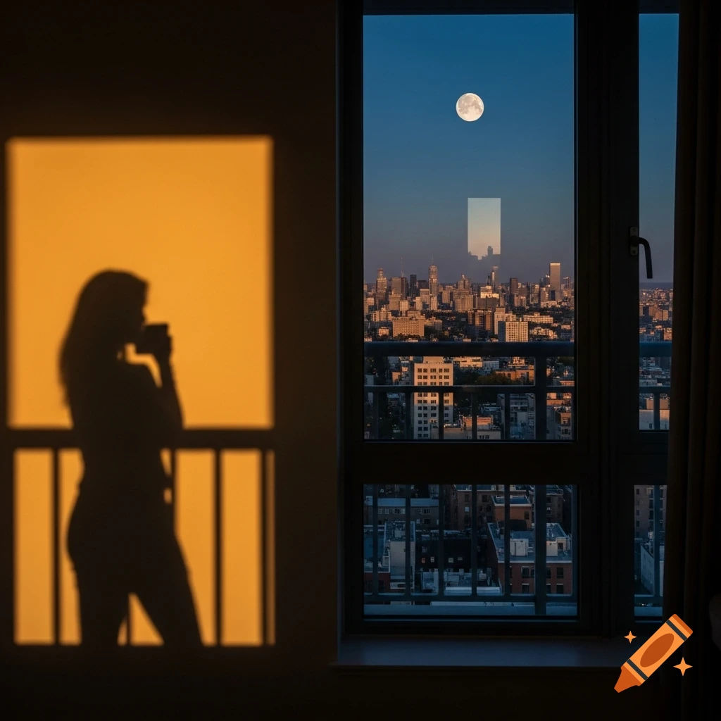 Silhouette of a woman with a cup casting a shadow on a wall, looking out a window at a moonlit city skyline.