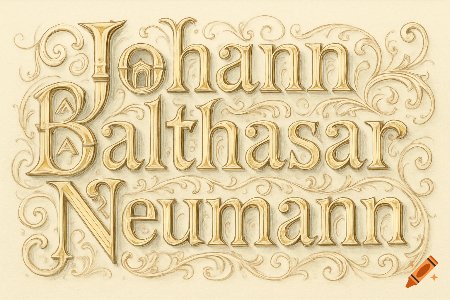 Ornate golden baroque lettering spelling 'Johann Balthasar Neumann' with architectural details and flourishes on a light background.