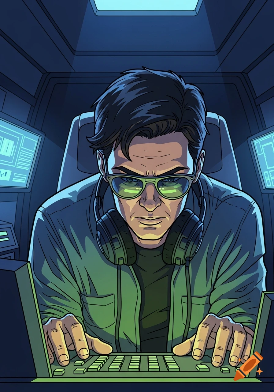 A comic book style illustration of a serious man in green glasses and headphones typing on a glowing console in a dark room.