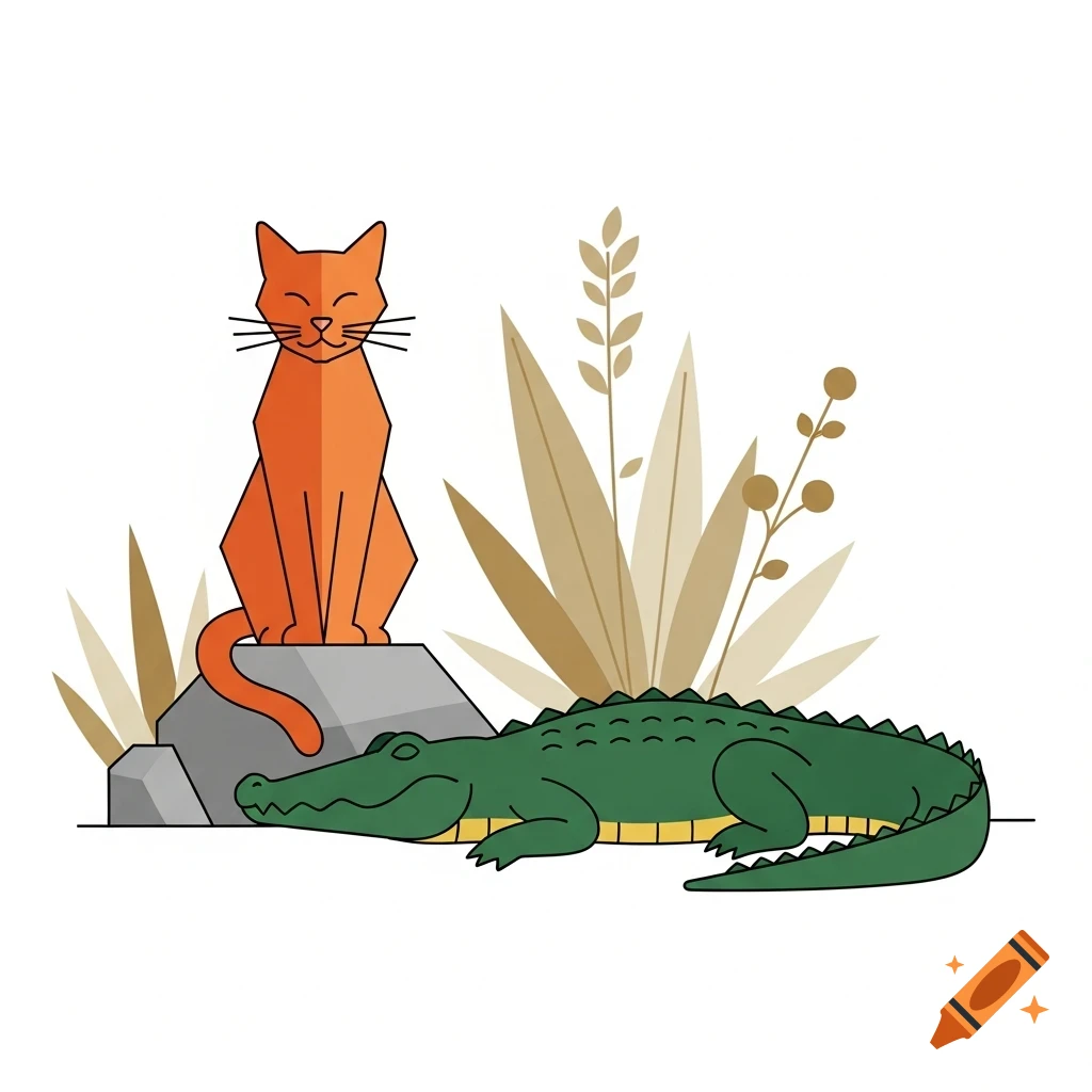 A stylized illustration of an orange cat sitting on a rock next to a green alligator, with brown plants in the background.