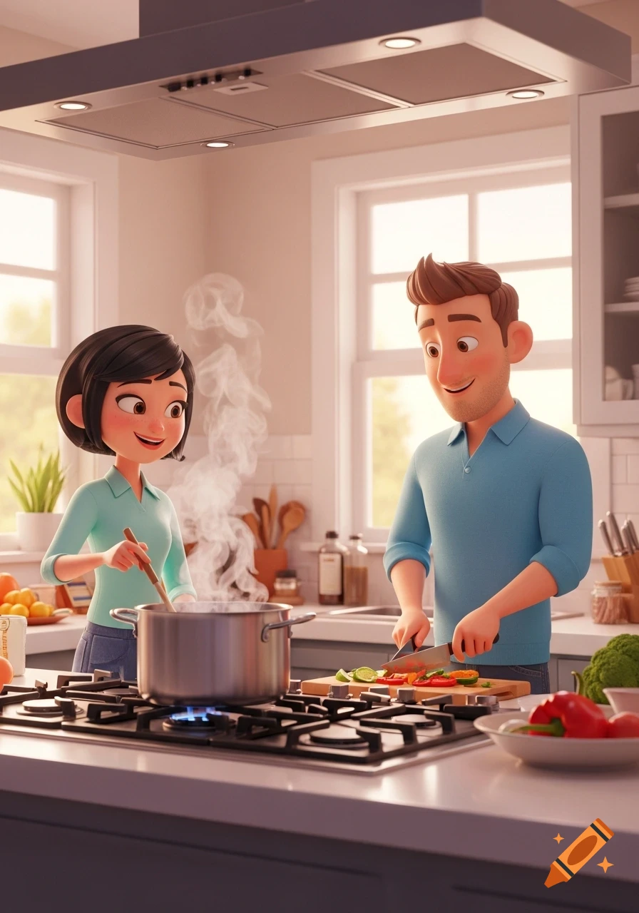 A Pixar-style 3D animated couple cooking in a bright, modern kitchen. The woman stirs a pot while the man chops vegetables.