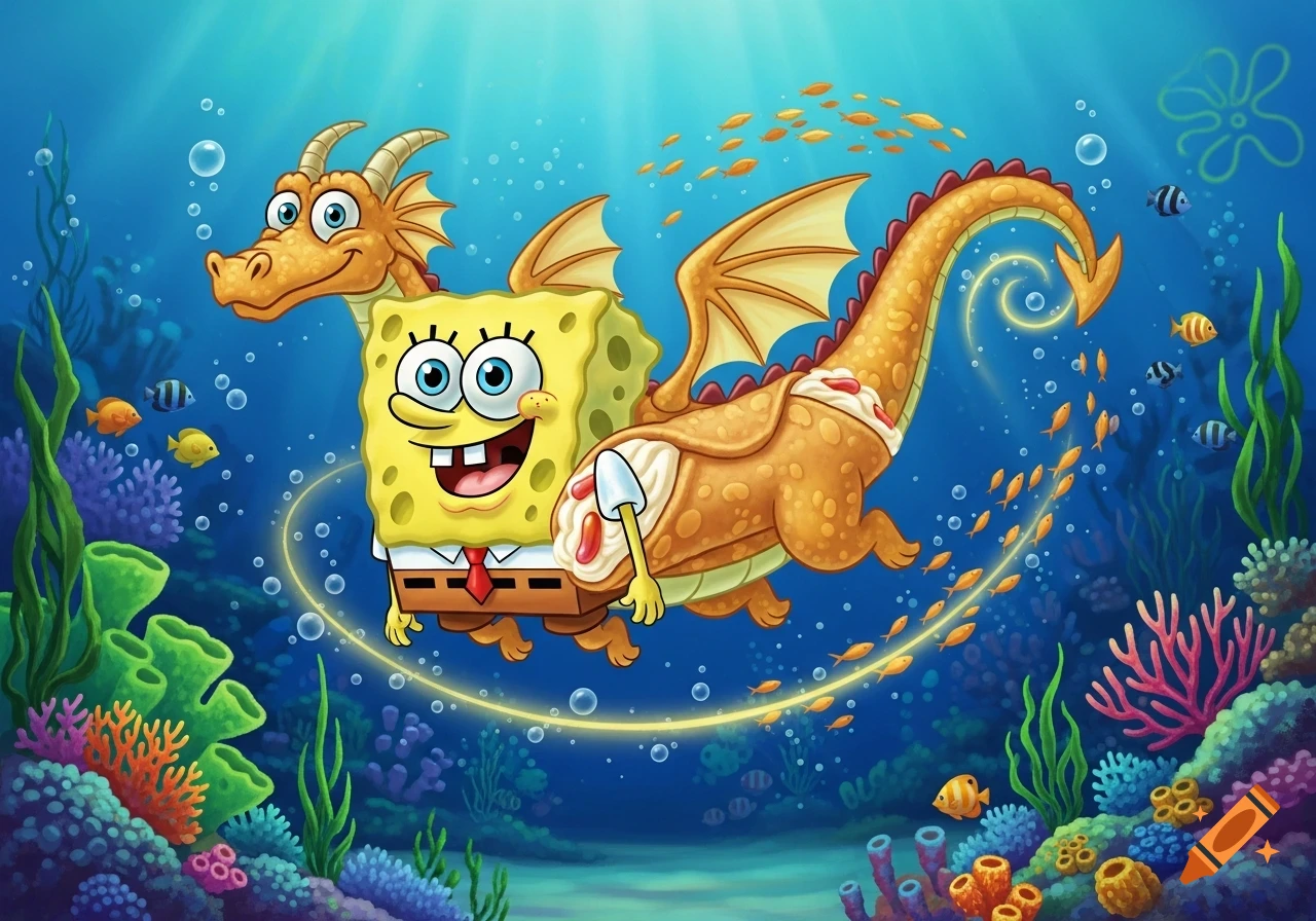 Spongebob Squarepants fused with a cannoli dragon swims happily underwater amidst colorful coral and fish.