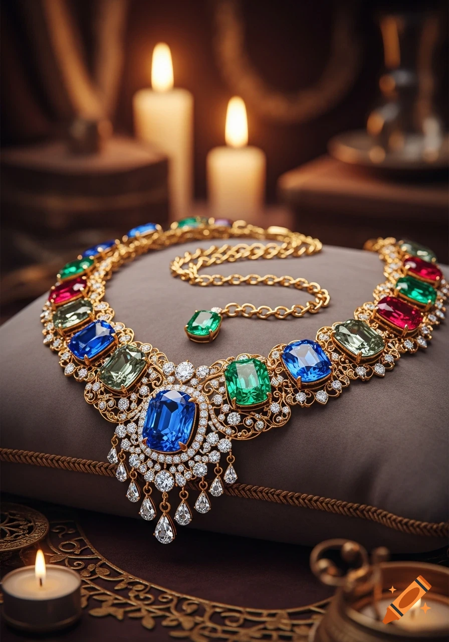 An opulent gold necklace adorned with large colorful gems and sparkling diamonds, resting on a brown pillow next to lit candles.