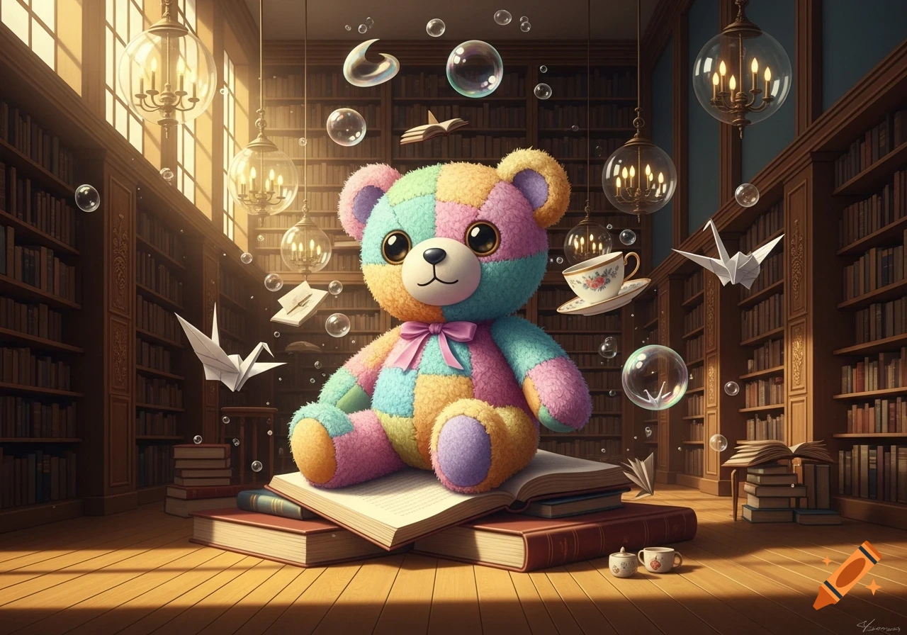 A colorful patchwork teddy bear sits on a stack of books in a grand library, surrounded by floating bubbles and origami cranes.