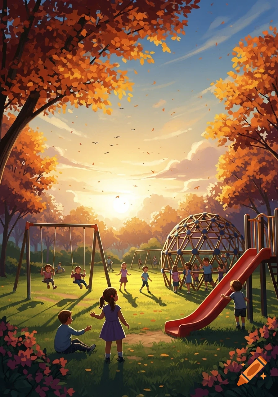 Children play on swings, a slide, and a dome climber in an autumn park at sunset, illustrated in a warm, vibrant style.
