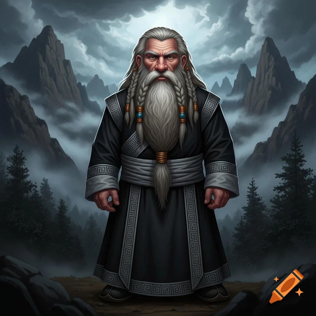 A fantasy dwarf with a long braided beard and grey hair, wearing a black robe, stands in a misty mountain landscape.