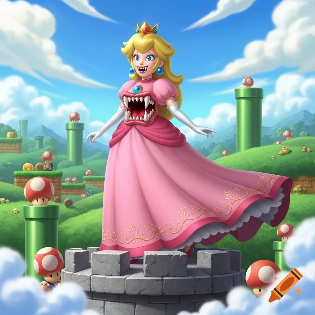 Princess Peach with fang-like Bowser teeth on her chest stands on a castle tower in a Super Mario-themed landscape.