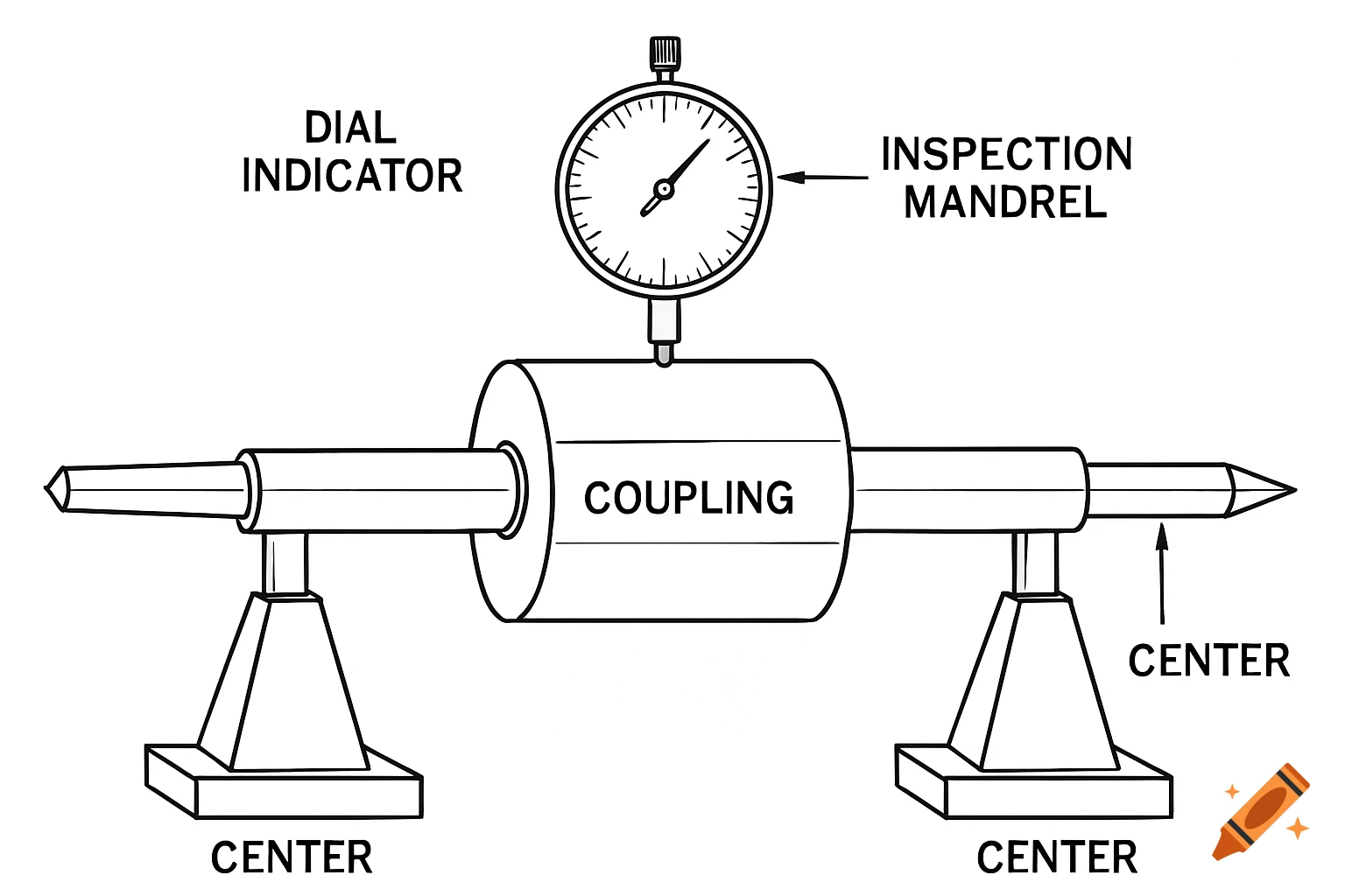 Black-and-white technical line drawing of a cylindrical coupling under inspection with a dial indicator and mandrels, supported by centers.