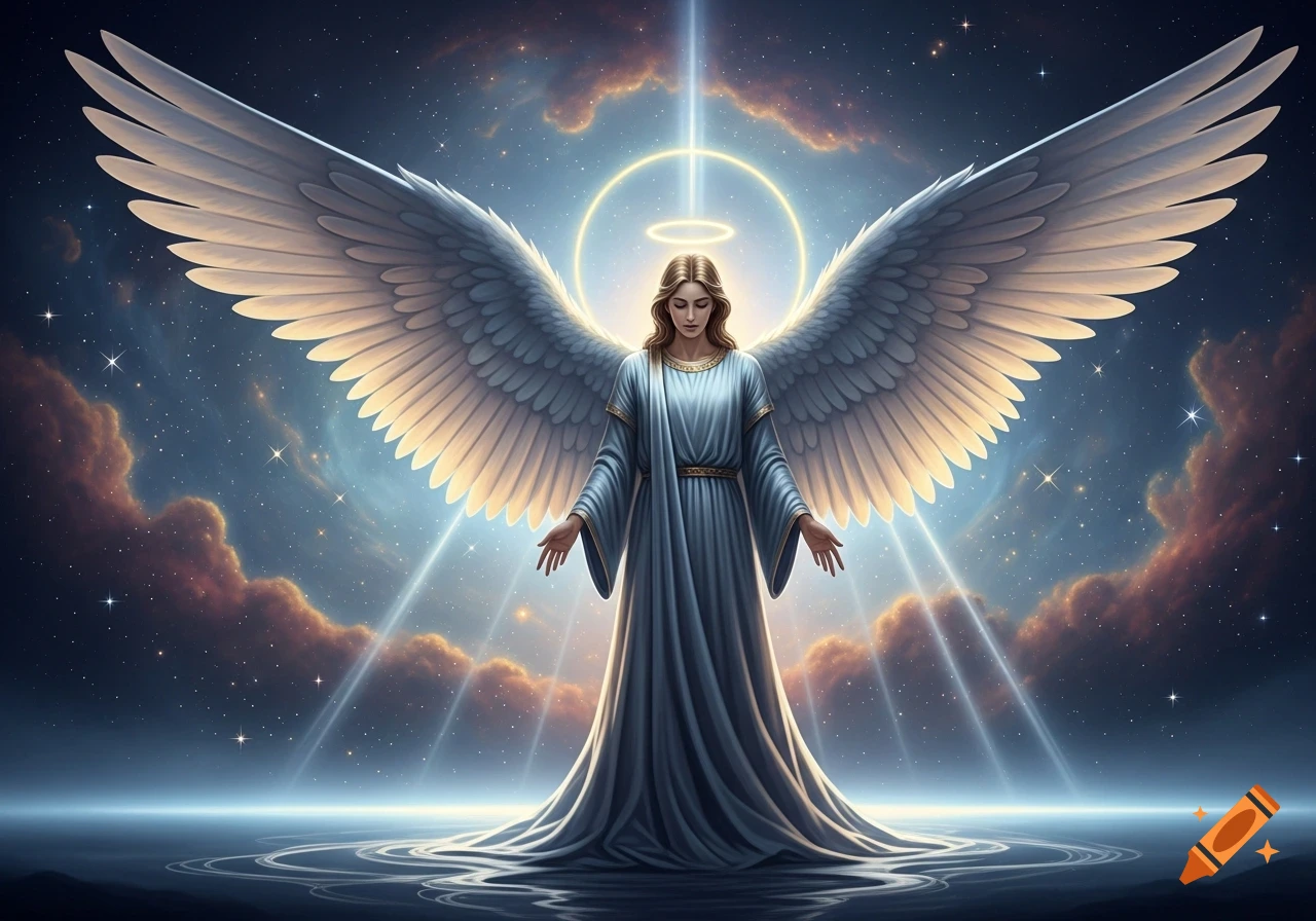 A majestic angel with large white wings and a glowing halo stands above water, against a starry night sky with clouds.