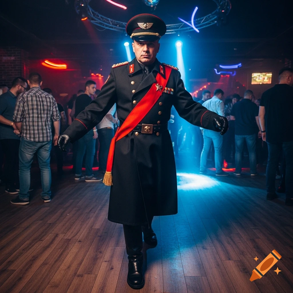 A man in a black commissar uniform with a red sash and peaked cap stands in a dimly lit nightclub.