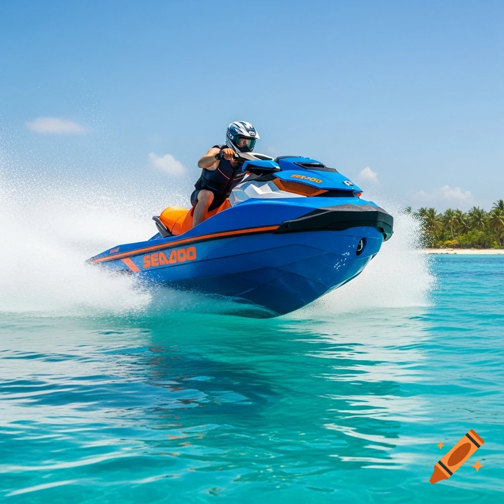 A person in a helmet and life vest rides a blue and orange Sea-Doo jetski, kicking up water in a clear blue tropical ocean with a distant beach and palm trees under a bright sky.