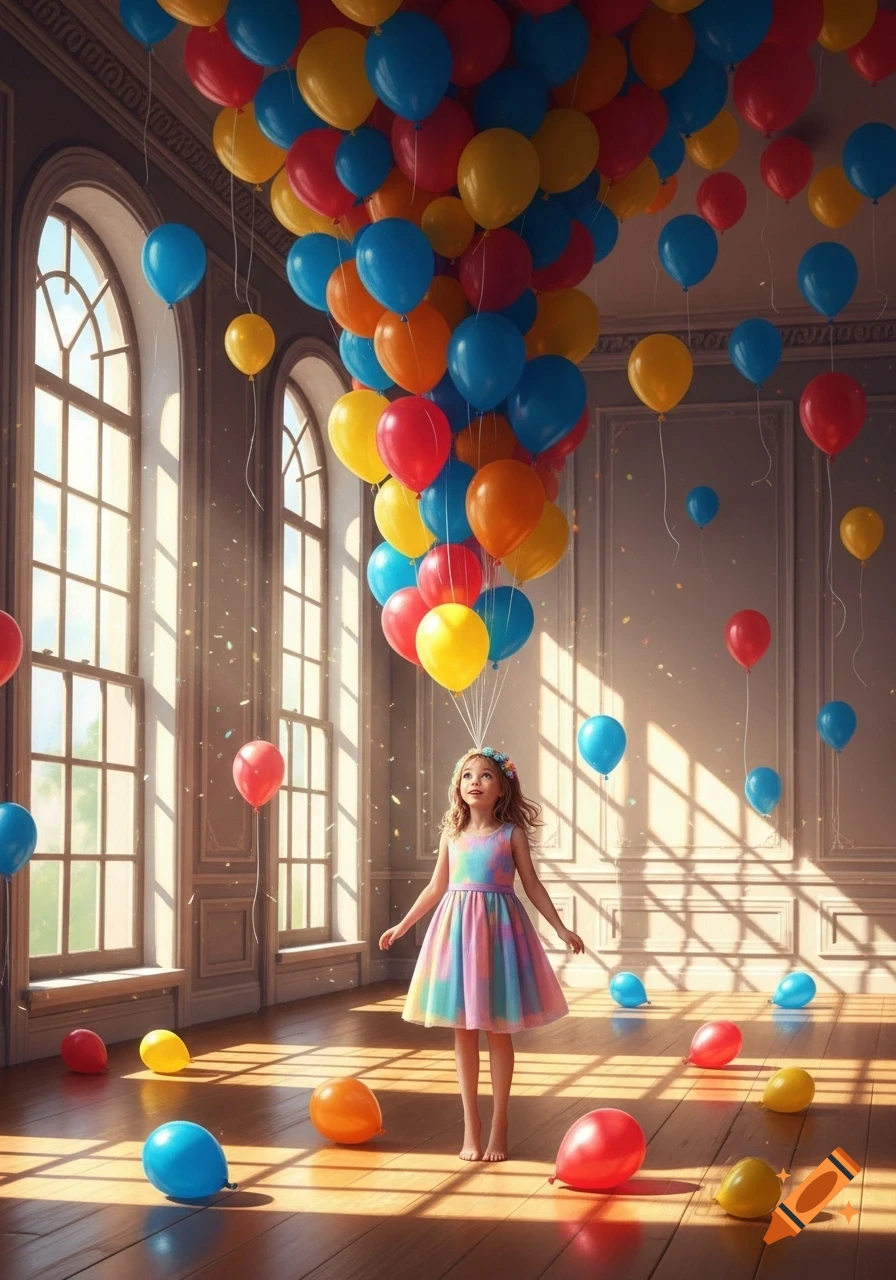 A young girl in a colorful dress stands in a grand, sunlit room filled with red, blue, and yellow balloons.