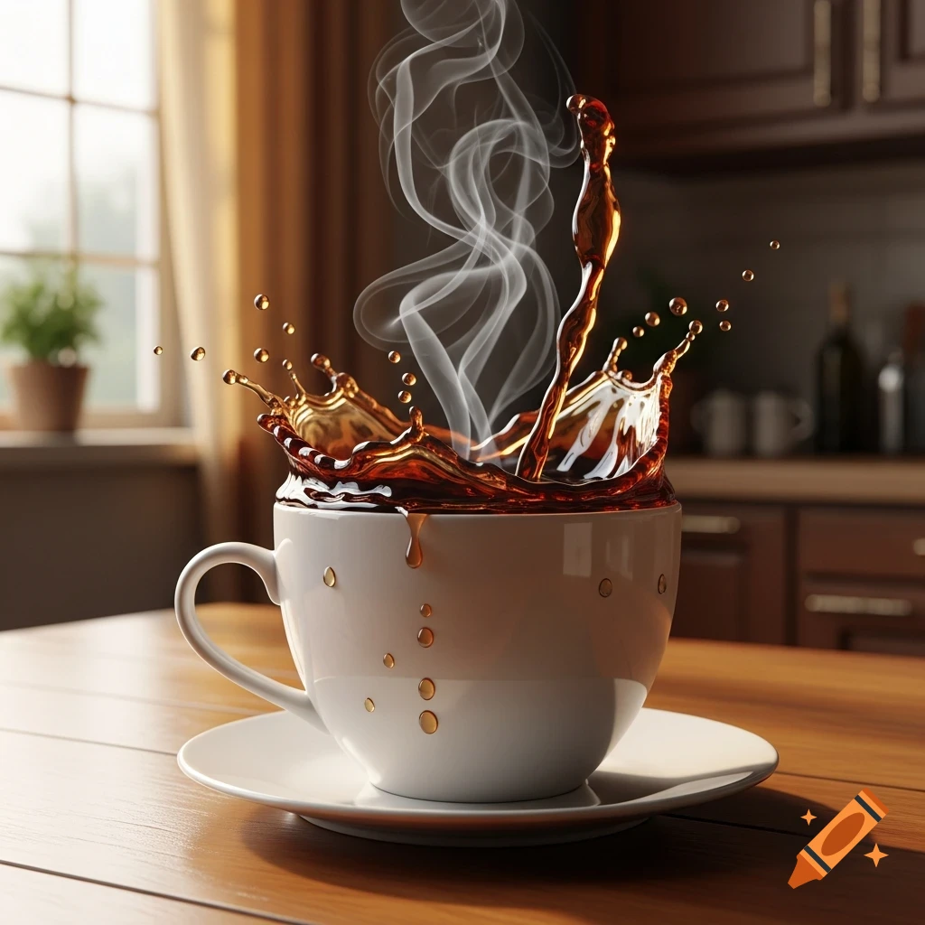 Photorealistic image of a white coffee cup overflowing with a dynamic dark coffee splash and steam on a wooden table.