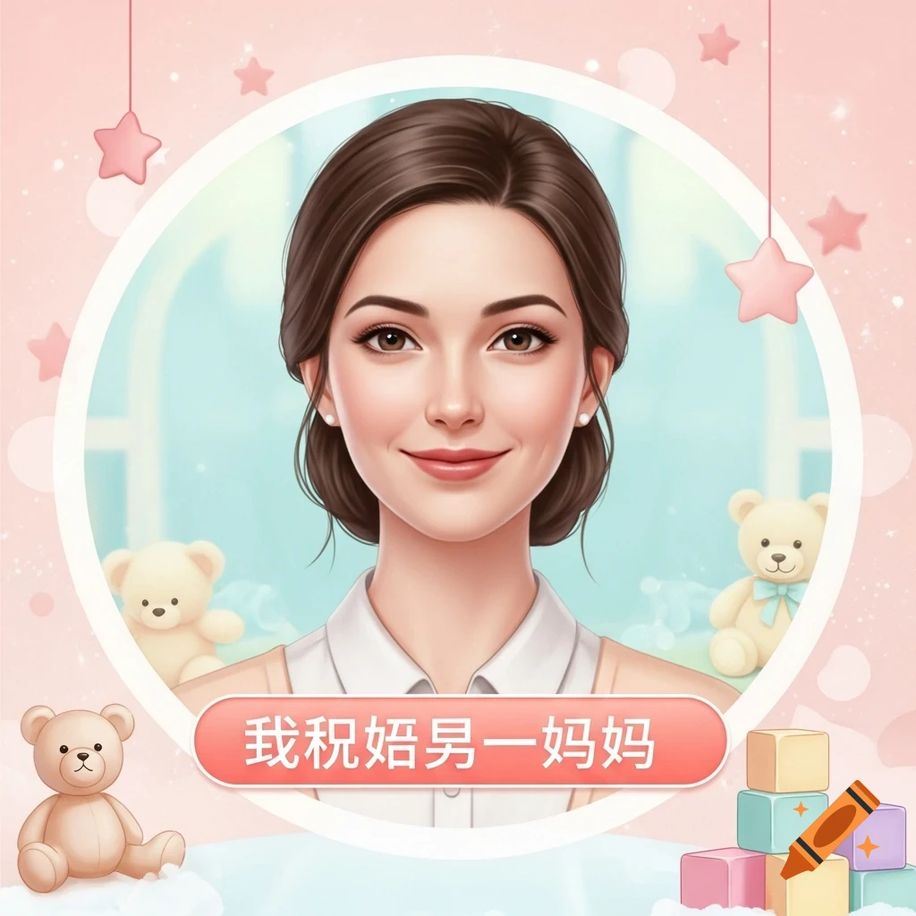 Cartoon portrait of a smiling woman with dark hair in a white shirt, set in a pink and light blue baby-themed frame with teddy bears and star mobiles. A red banner below reads Chinese text.