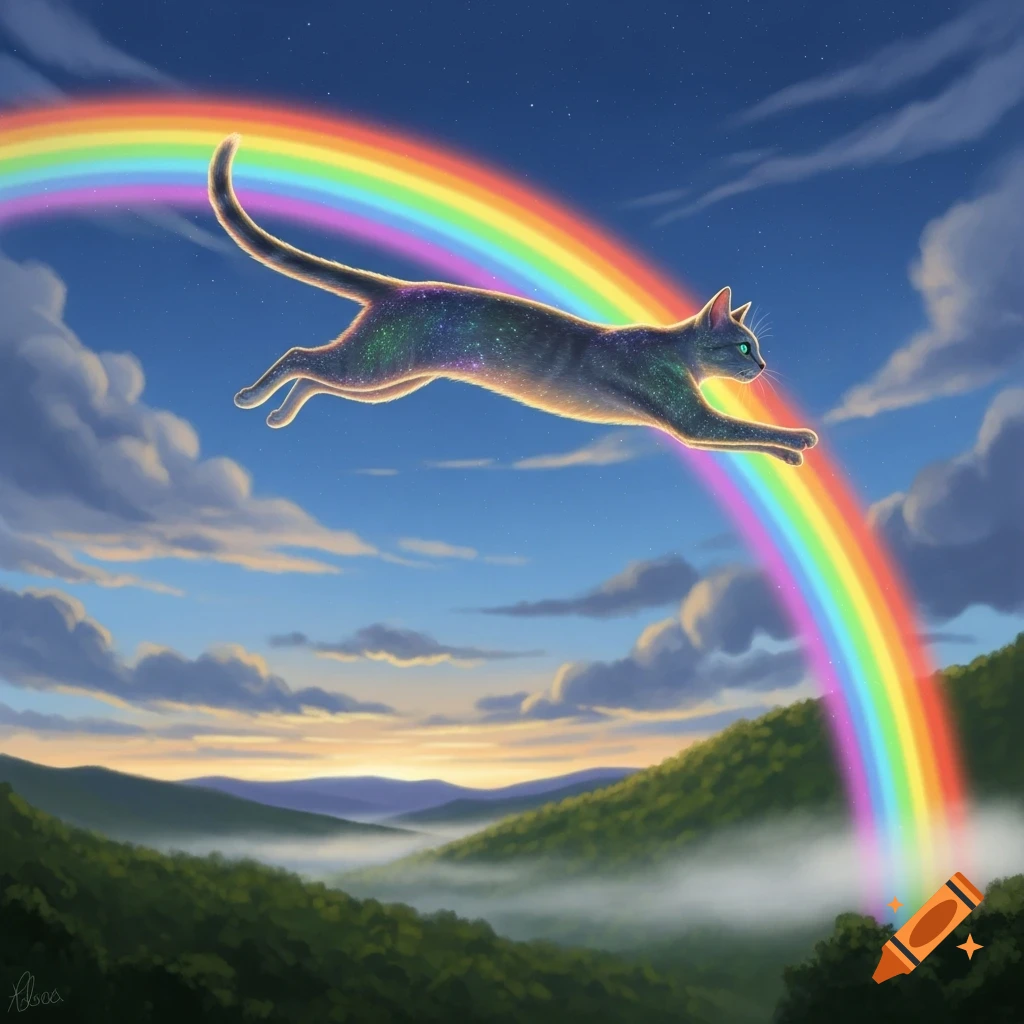 A stylized cat with a galaxy pattern leaps over a colorful rainbow in a sky over misty mountains at dawn.