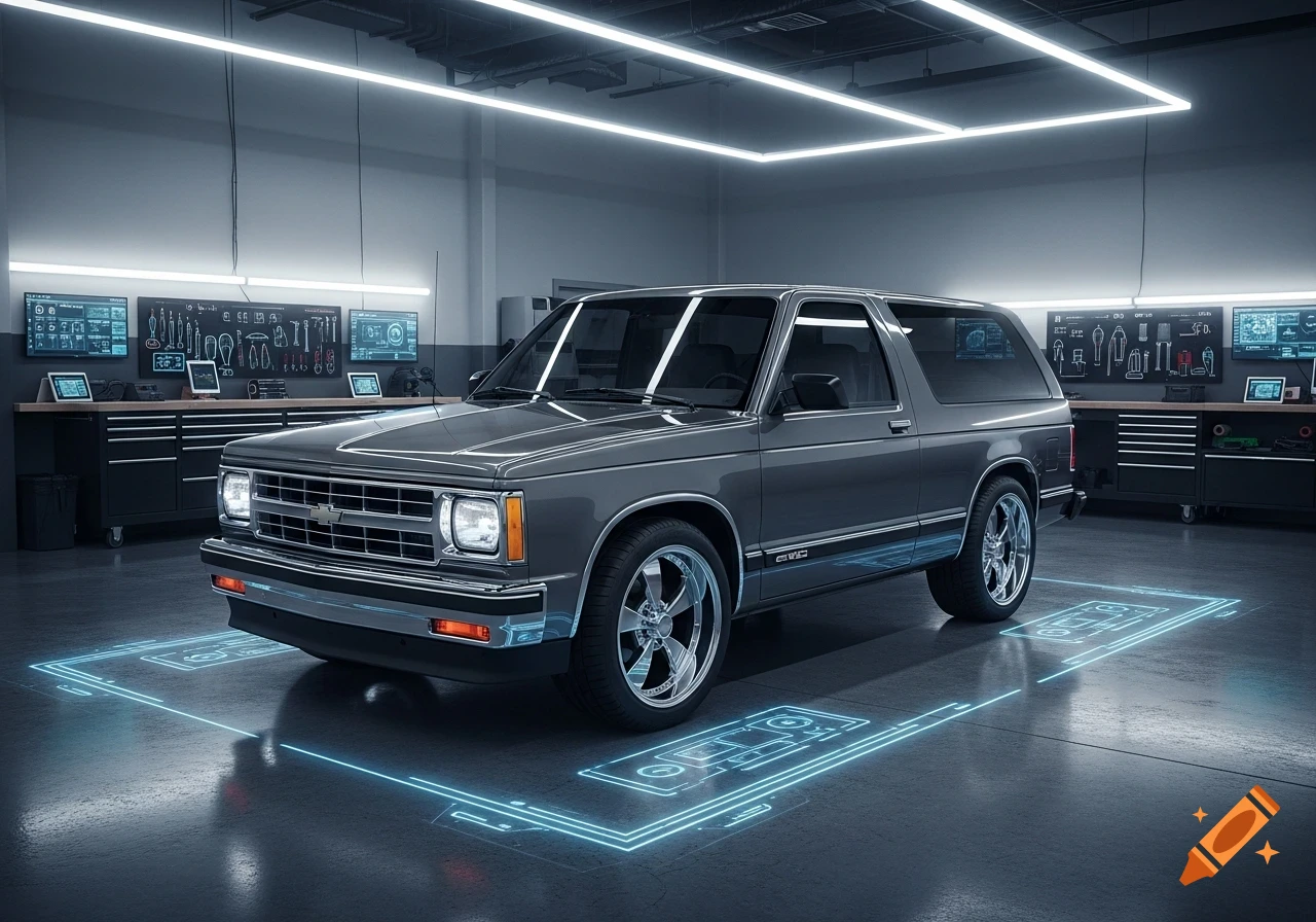 A classic grey Chevy S10 Blazer SUV sits in a modern, well-lit garage with glowing blue holographic floor outlines and digital screens displaying schematics.