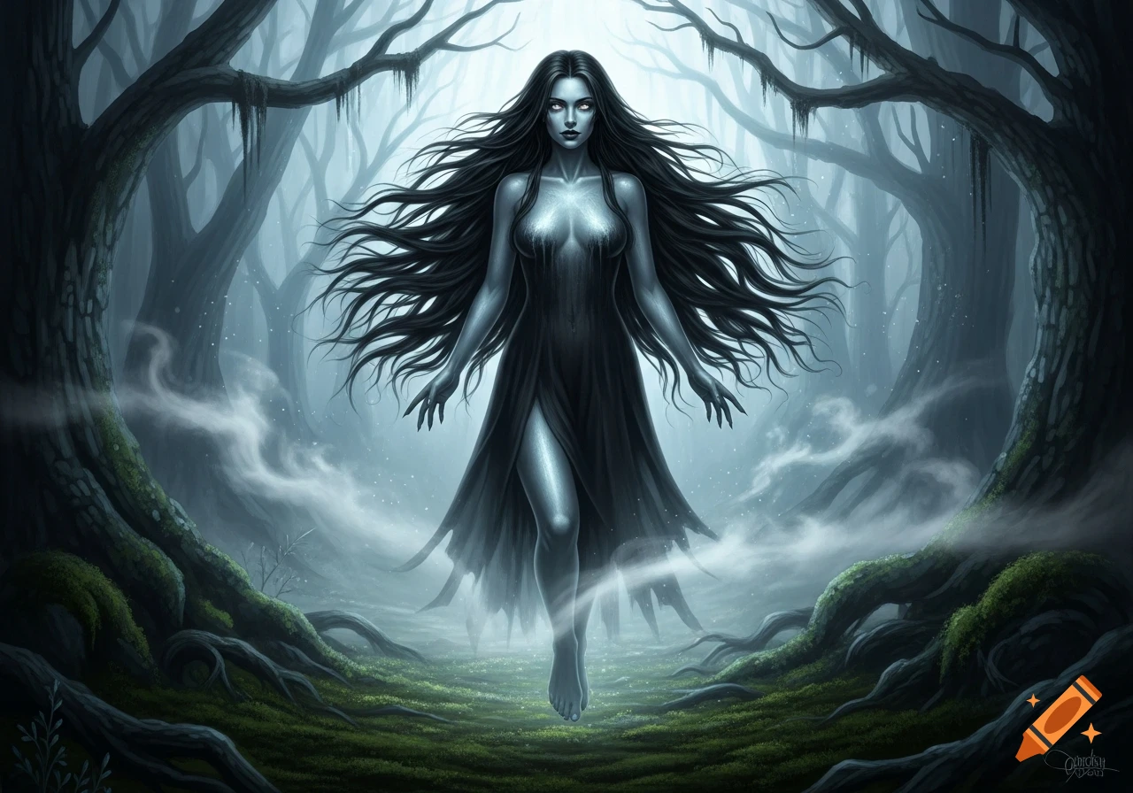 Ghostly woman with long black hair and glowing eyes floating in a dark, misty forest with gnarled trees and roots.