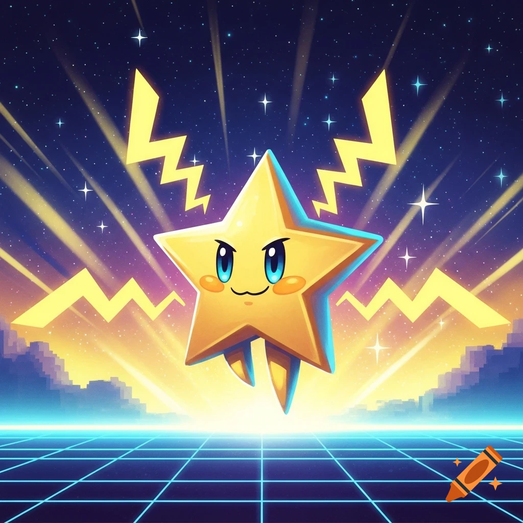 An anthropomorphic yellow star character with blue eyes floats above a glowing blue grid, surrounded by yellow lightning in a retro video game style.
