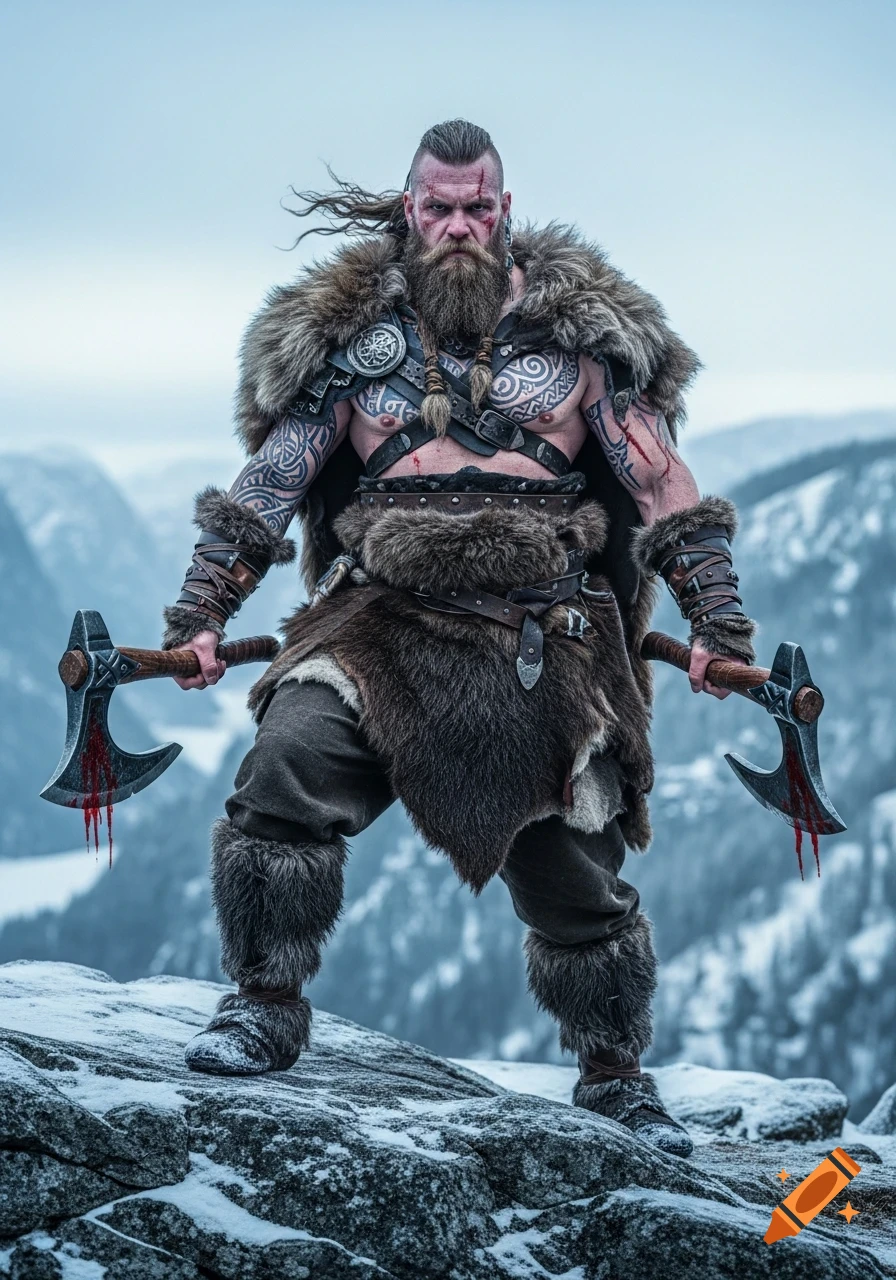 A fierce viking berserker with a long beard and tattoos stands in a snowy mountain landscape, holding two bloody axes.