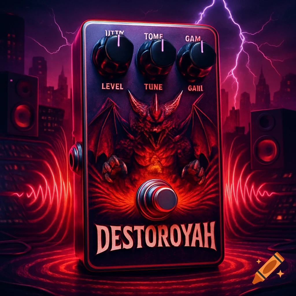 A stylized guitar pedal featuring a fierce red winged monster, 'DESTROYAH' text, and glowing red sound waves, set against a dark city skyline with purple lightning.
