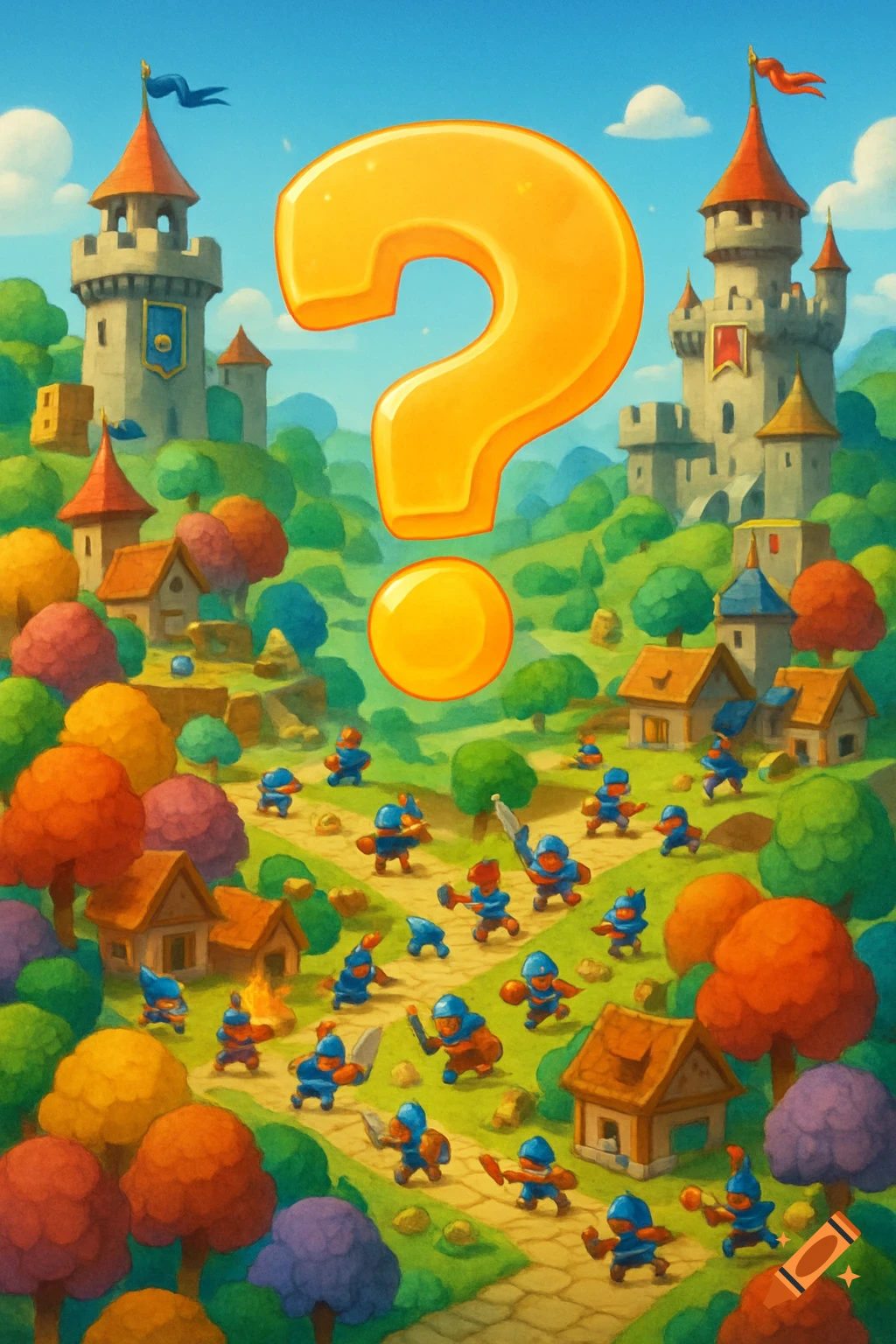 A large yellow question mark dominates a vibrant, cartoonish fantasy landscape with castles, houses, and small warrior figures.