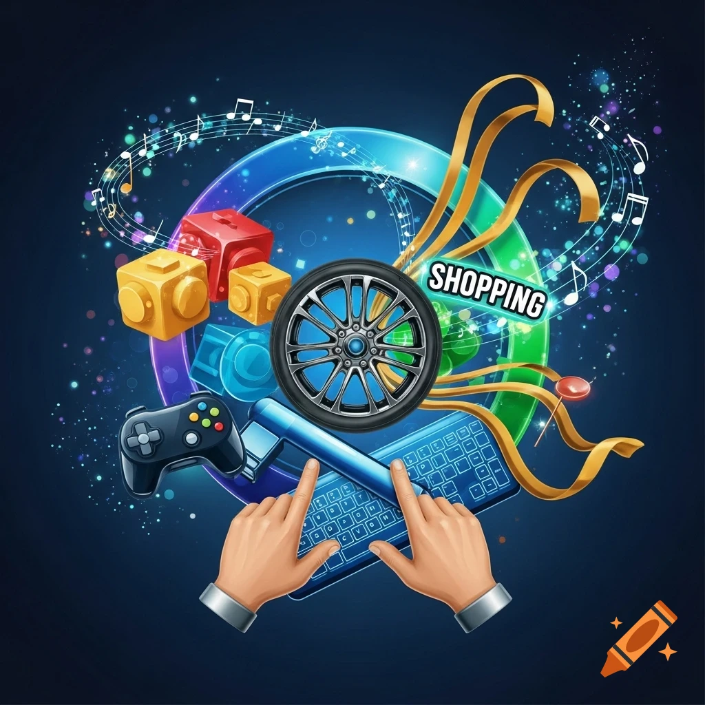 Colorful digital art symbol of hobbies with hands typing, a game controller, car wheel, shopping banner, music, and building blocks on a dark background.