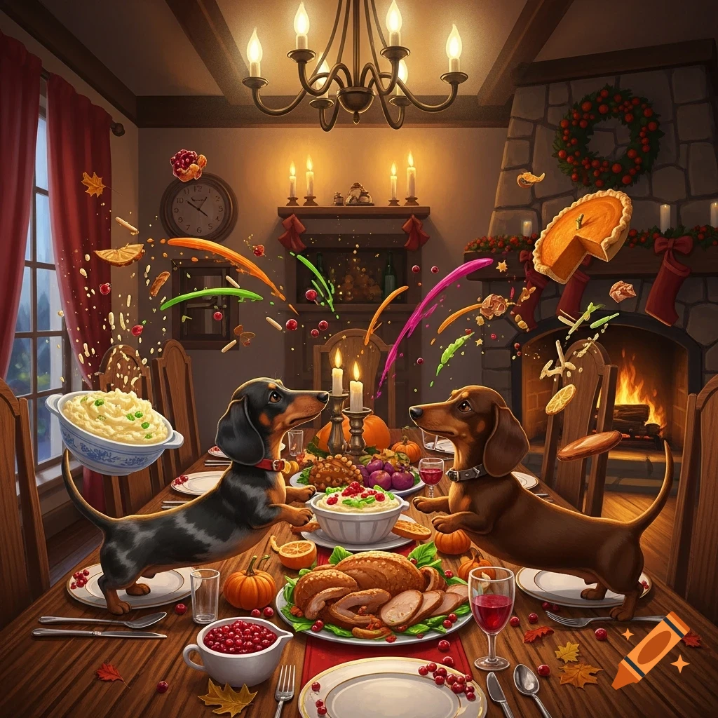 Two playful dachshunds engage in a chaotic Thanksgiving food fight in a festive dining room, with mashed potatoes and pie flying.