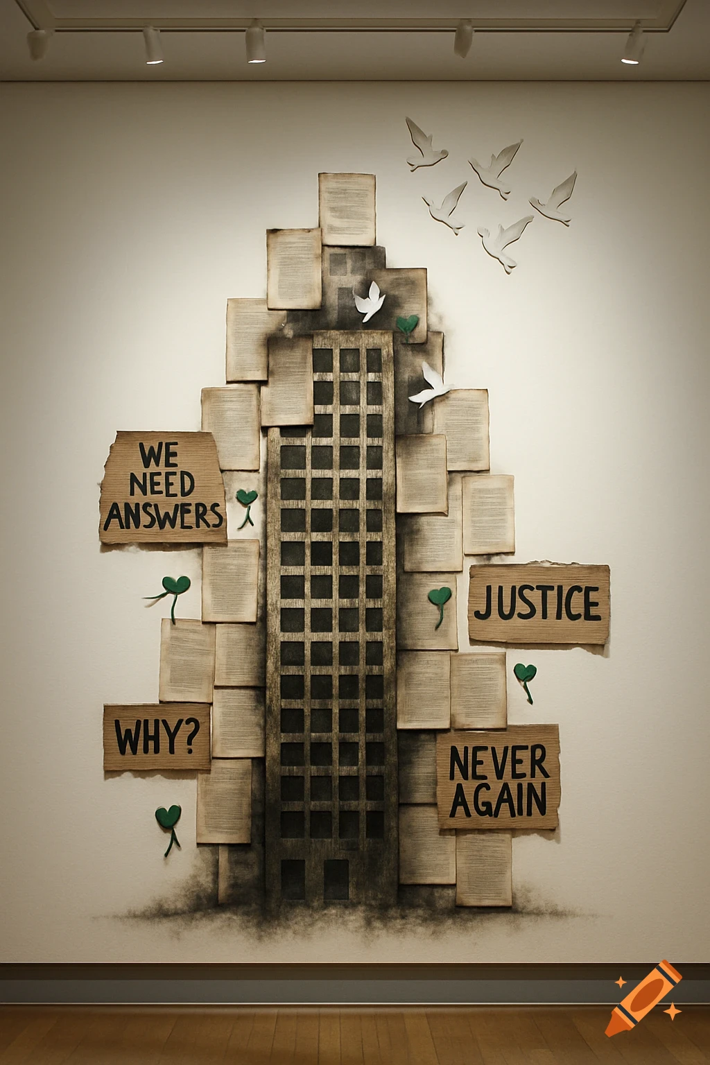 Photorealistic art installation on a wall: a skyscraper of distressed pages, protest signs 'WE NEED ANSWERS' 'JUSTICE', green hearts, and white doves.