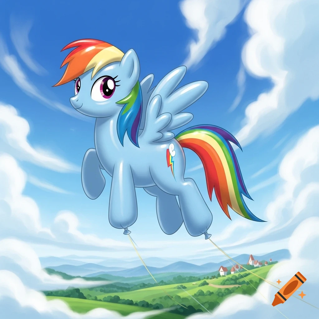 A light blue cartoon pony, Rainbow Dash, with rainbow mane and tail, floats as an inflated balloon against a blue sky with clouds and green hills below.