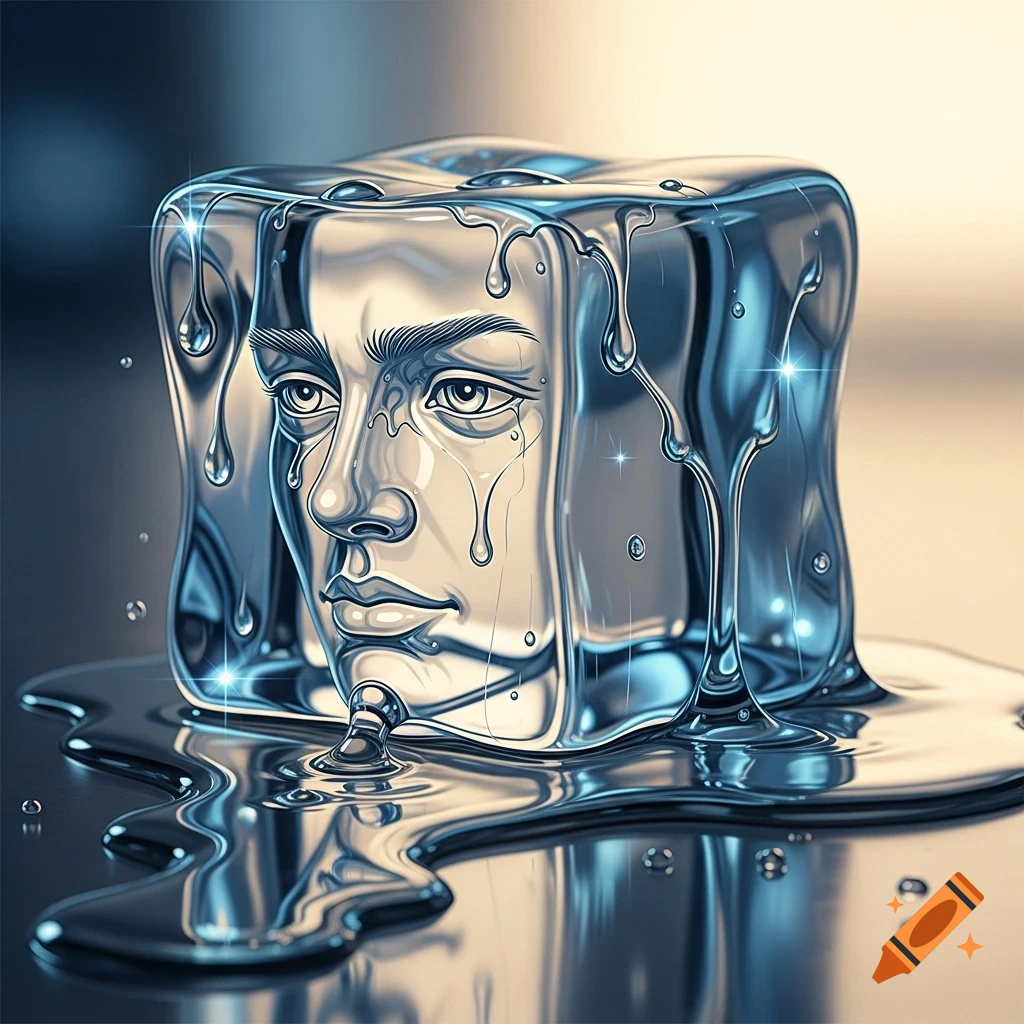 A close-up of a melting ice cube with a sorrowful human face embedded within, liquid ice shimmering and dripping onto a reflective surface.