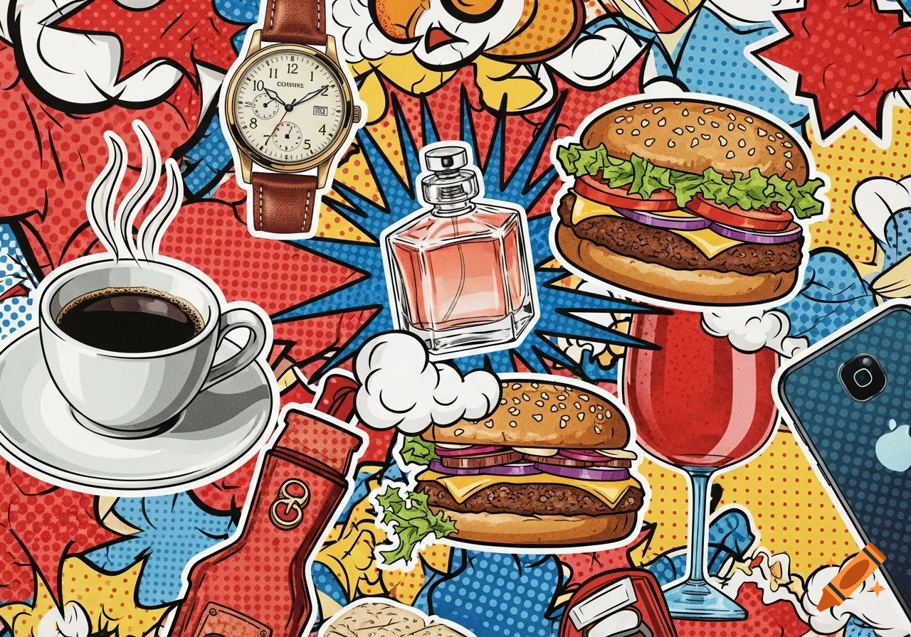 Pop art collage of everyday items including coffee, watch, perfume, burgers, and a phone against a colorful comic book background.