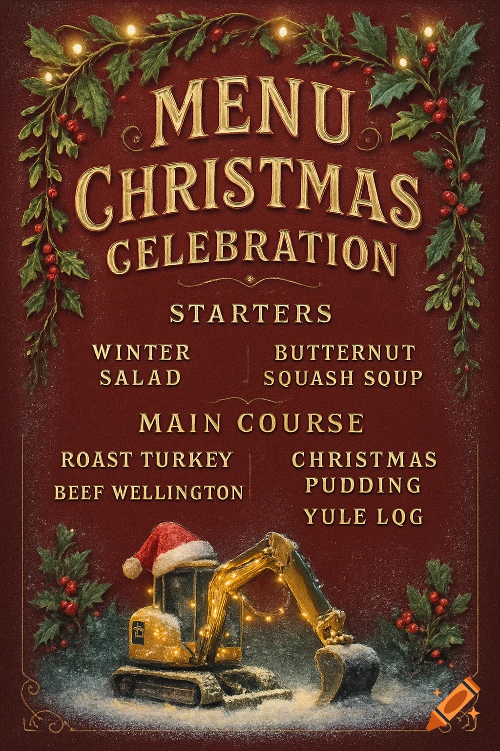 Christmas menu with golden text, holly border, and a festive excavator wearing a Santa hat in the snow.