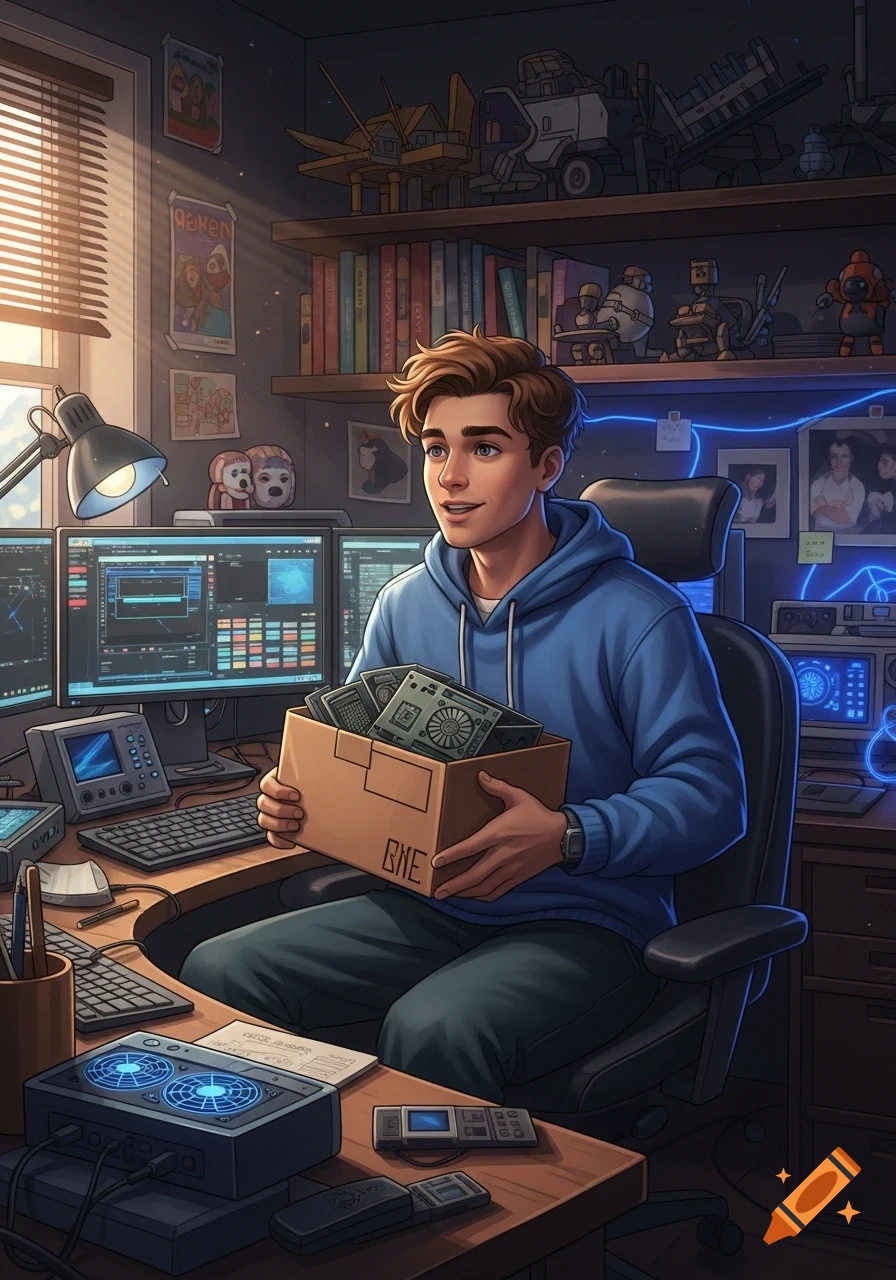 Stylized illustration of a young man in a blue hoodie holding a box of computer parts at a desk with multiple monitors.