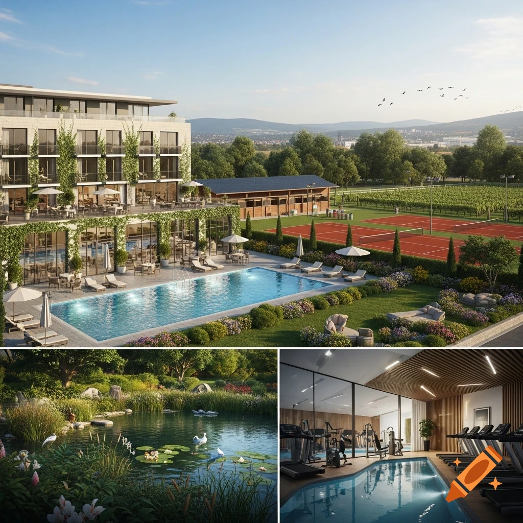 Photorealistic rendering of a luxurious hotel complex with an outdoor pool, tennis courts, vineyard, serene pond, and indoor gym with a pool.