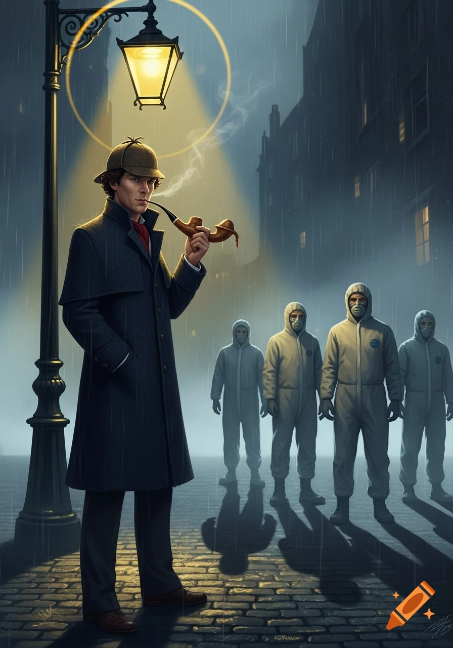 A detective in a trench coat and deerstalker hat smokes a pipe under a gas lamp on a rainy cobblestone street, facing figures in hazmat suits.