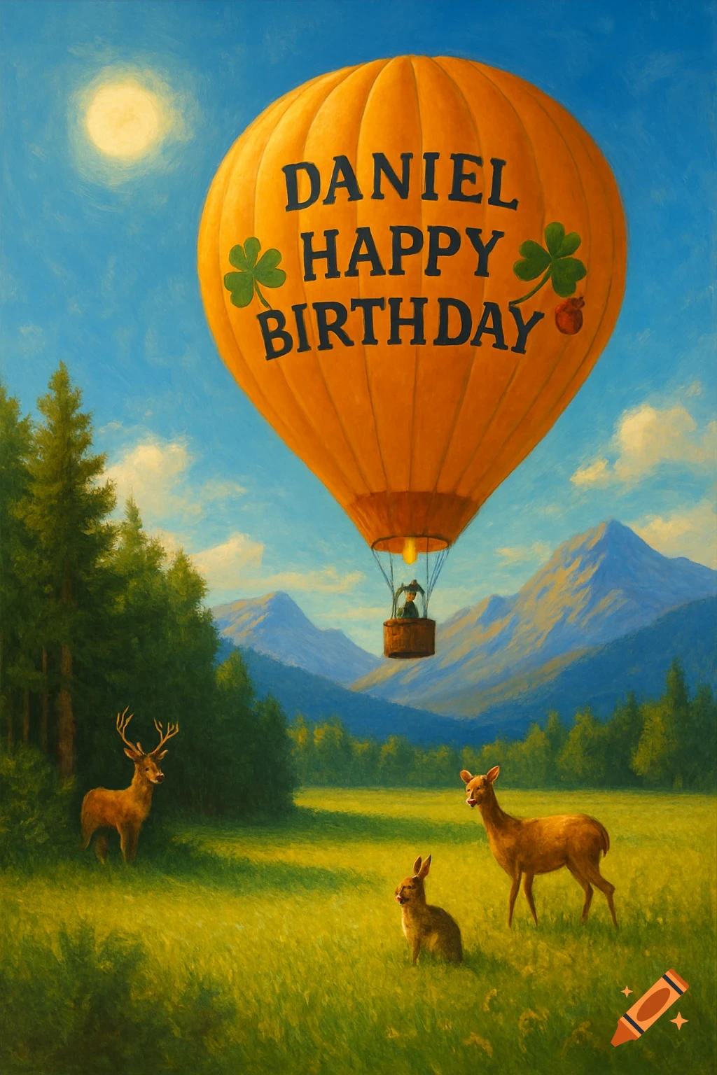 An orange hot air balloon with "DANIEL HAPPY BIRTHDAY" and shamrocks floats over a sunny mountain landscape with deer and a rabbit.
