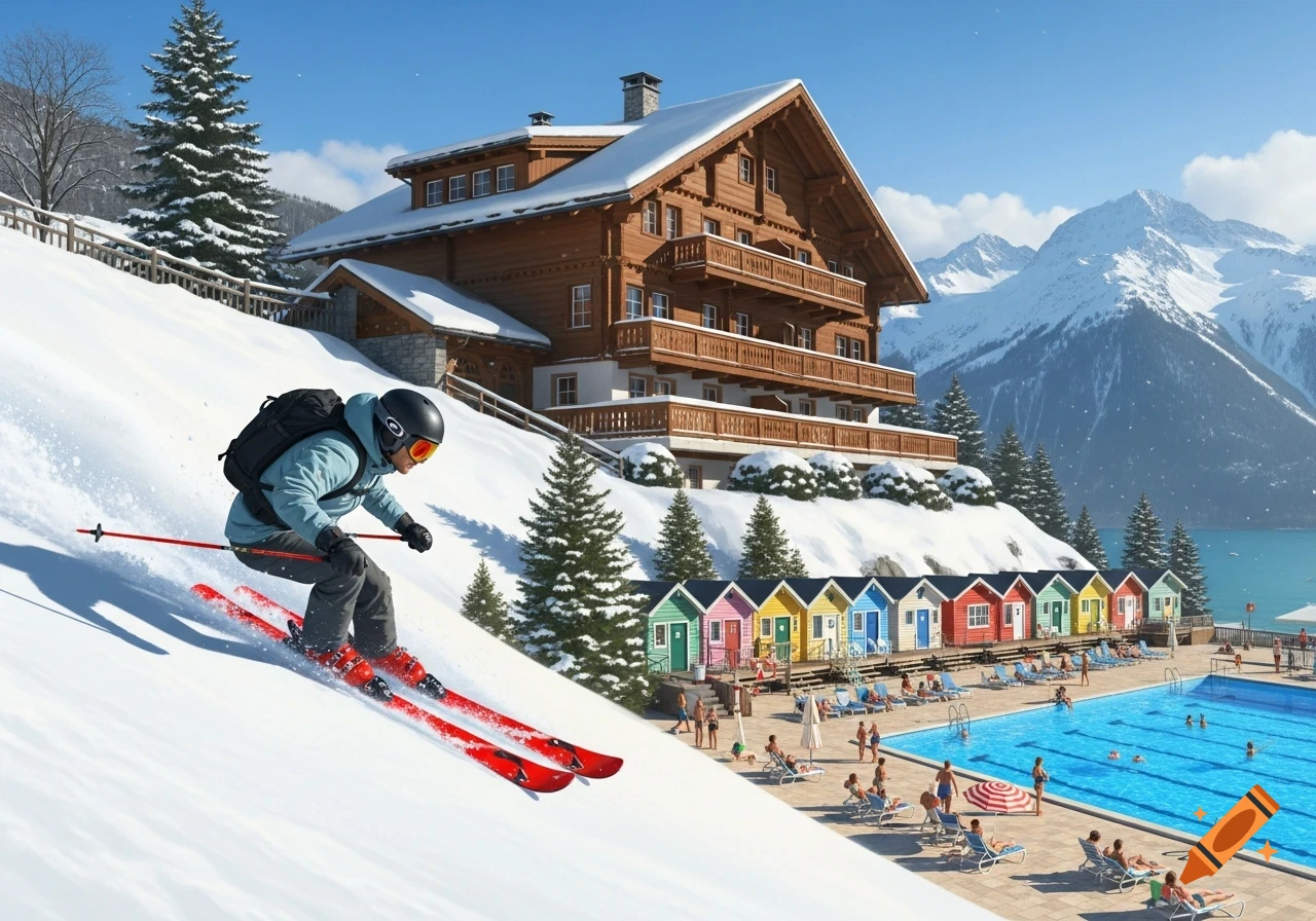 A skier descends a snowy slope near a large Swiss chalet, colorful beach houses, and a sunny poolside with a lake and mountains.