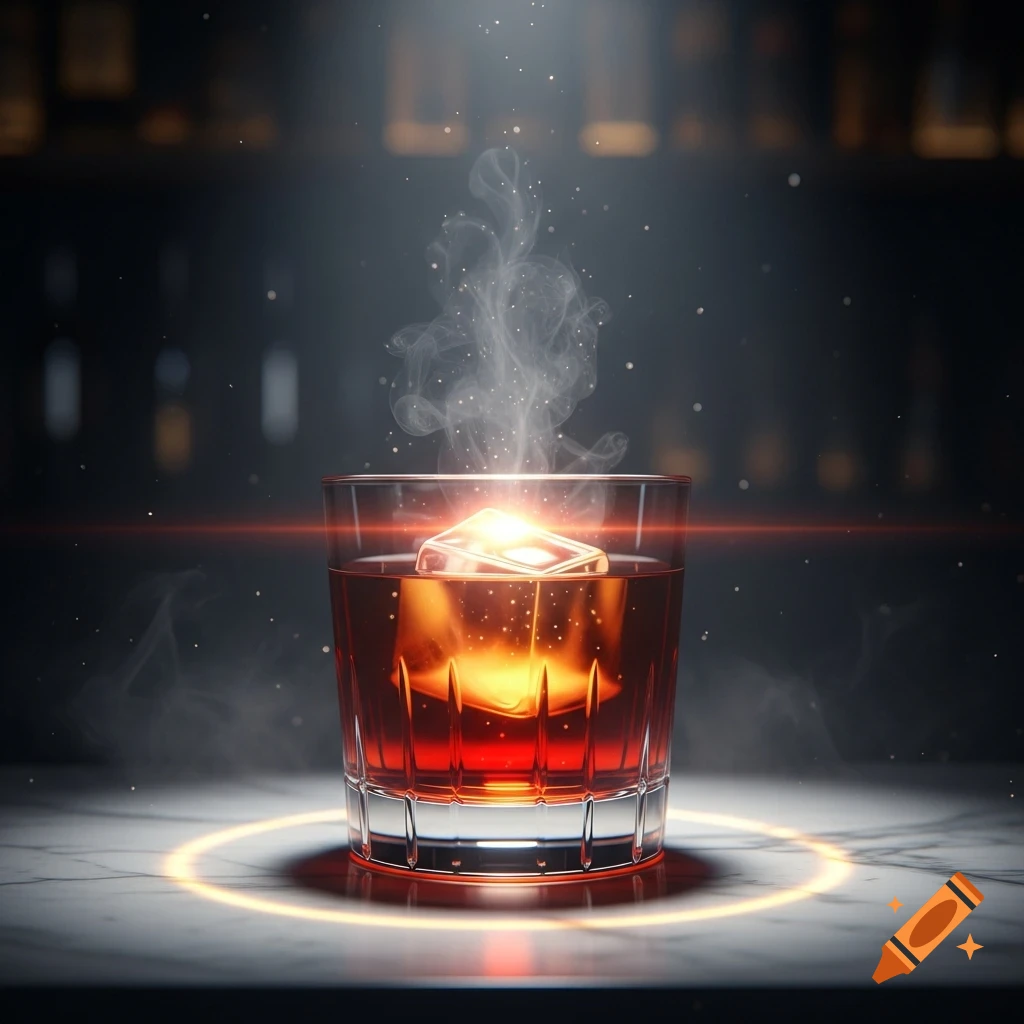 A glowing amber and red cocktail with rising smoke and magical particles on a bar surface, cinematic lighting.