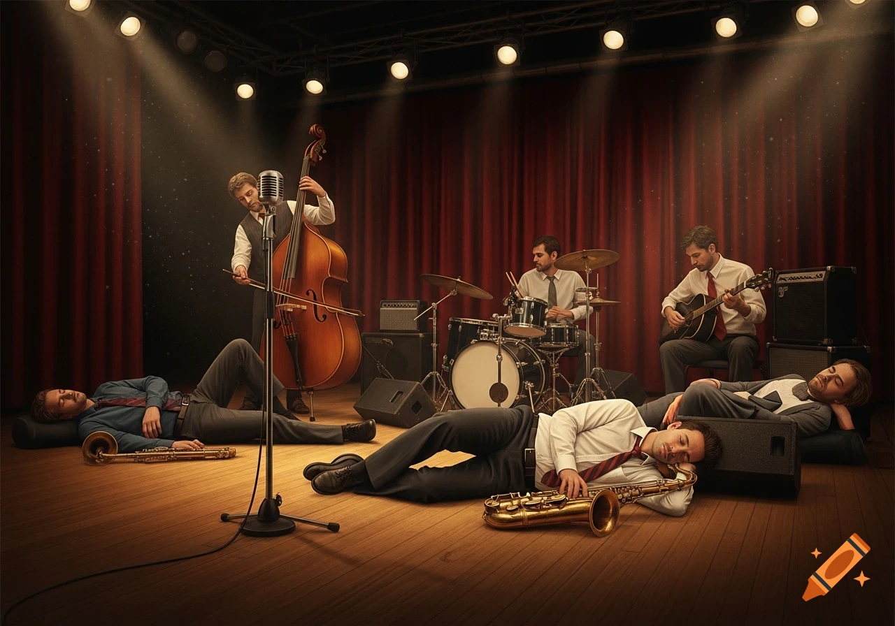 A jazz band sleeps on a dimly lit stage with their instruments surrounding them, red curtains in the background.