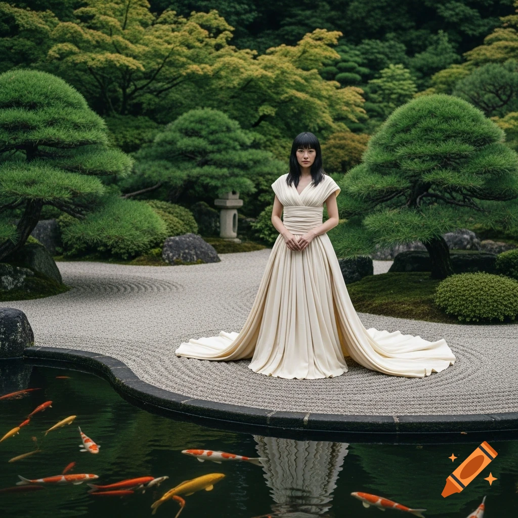 A Japanese woman in a long, flowing cream-colored dress stands in a serene Japanese garden with a koi pond.