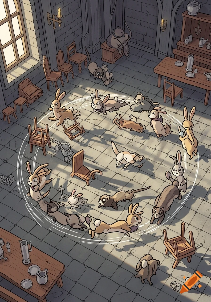 Cartoon rabbits, ferrets, and cats run in circles in a castle chamber with scattered furniture, in a children's book style.