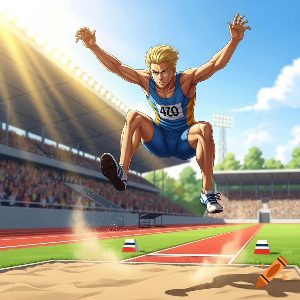 Blond anime male athlete long jumping in a sunny outdoor stadium, kicking up sand.