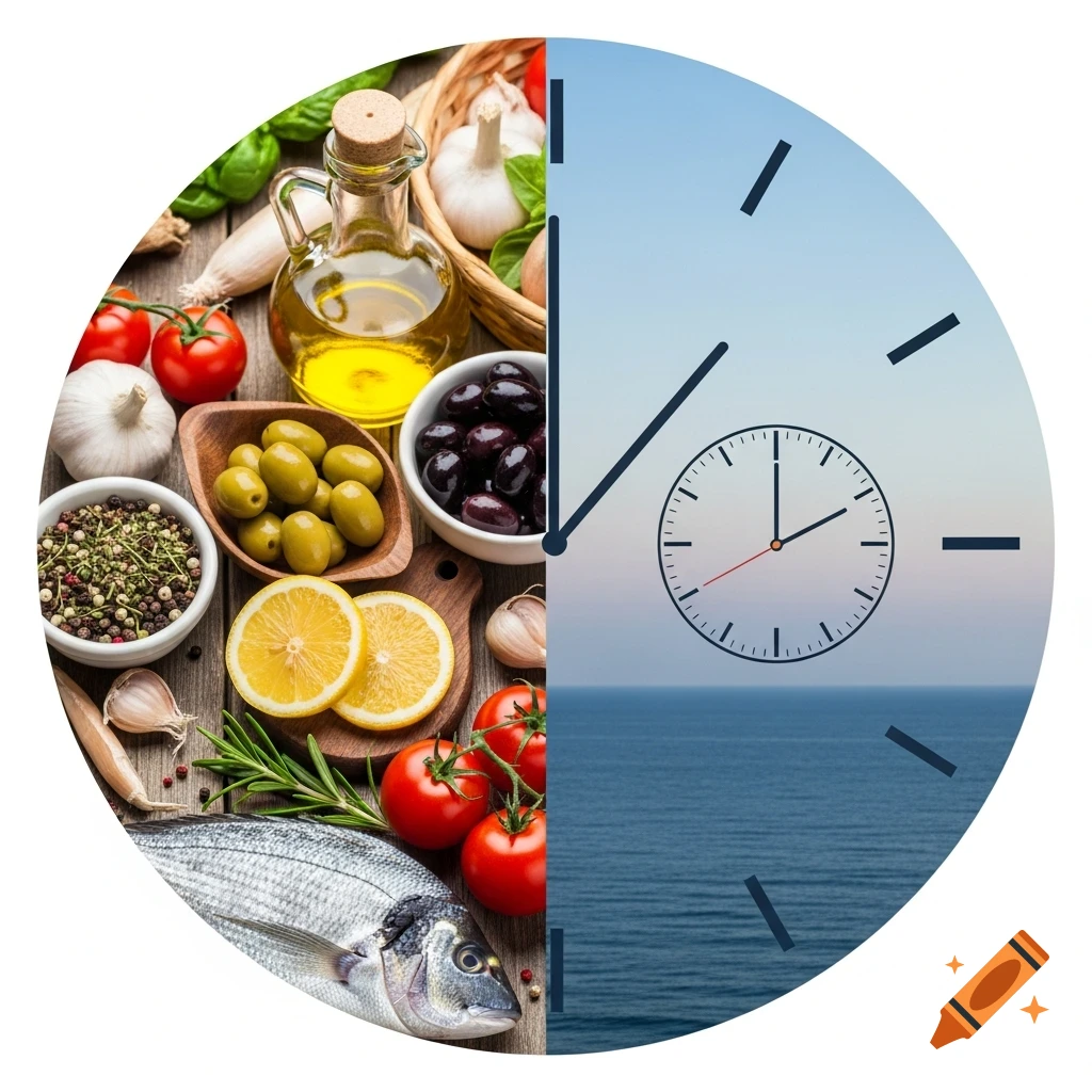 A circular image split into two halves: the left shows various Mediterranean diet foods like fish, olives, and olive oil, while the right depicts a clock over a calm sea.