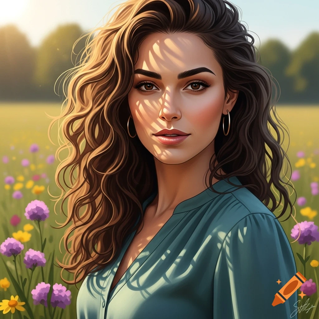 Digital illustration of a woman with curly brown hair and brown eyes in ...