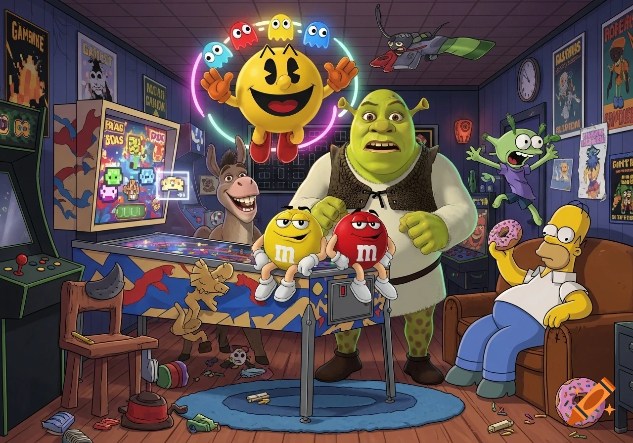 Pac-Man, Shrek, Donkey, Yellow M&M, Red M&M, a green alien character, and Homer Simpson in a vibrant arcade room filled with pinball machines and posters.