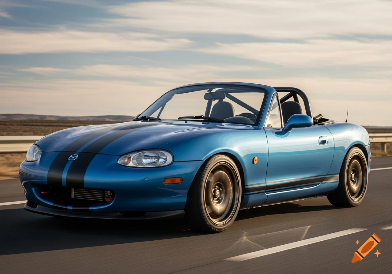 A blue 2003 Mazda Miata NB convertible with black racing stripes and bronze wheels drives on a highway under a partly cloudy sky.