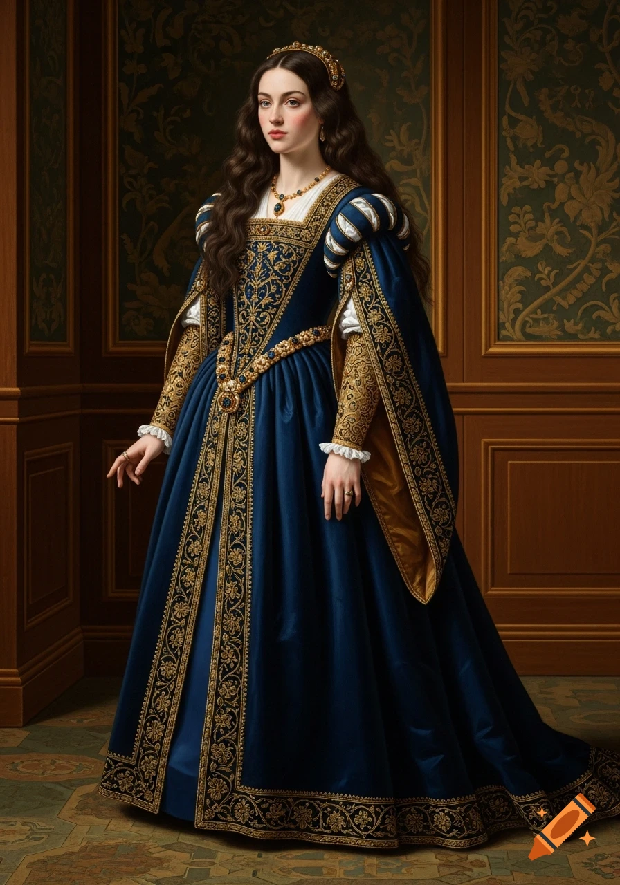 Full-body portrait of a regal young woman with long dark hair, wearing a deep-blue Renaissance gown with gold embroidery in a noble interior.