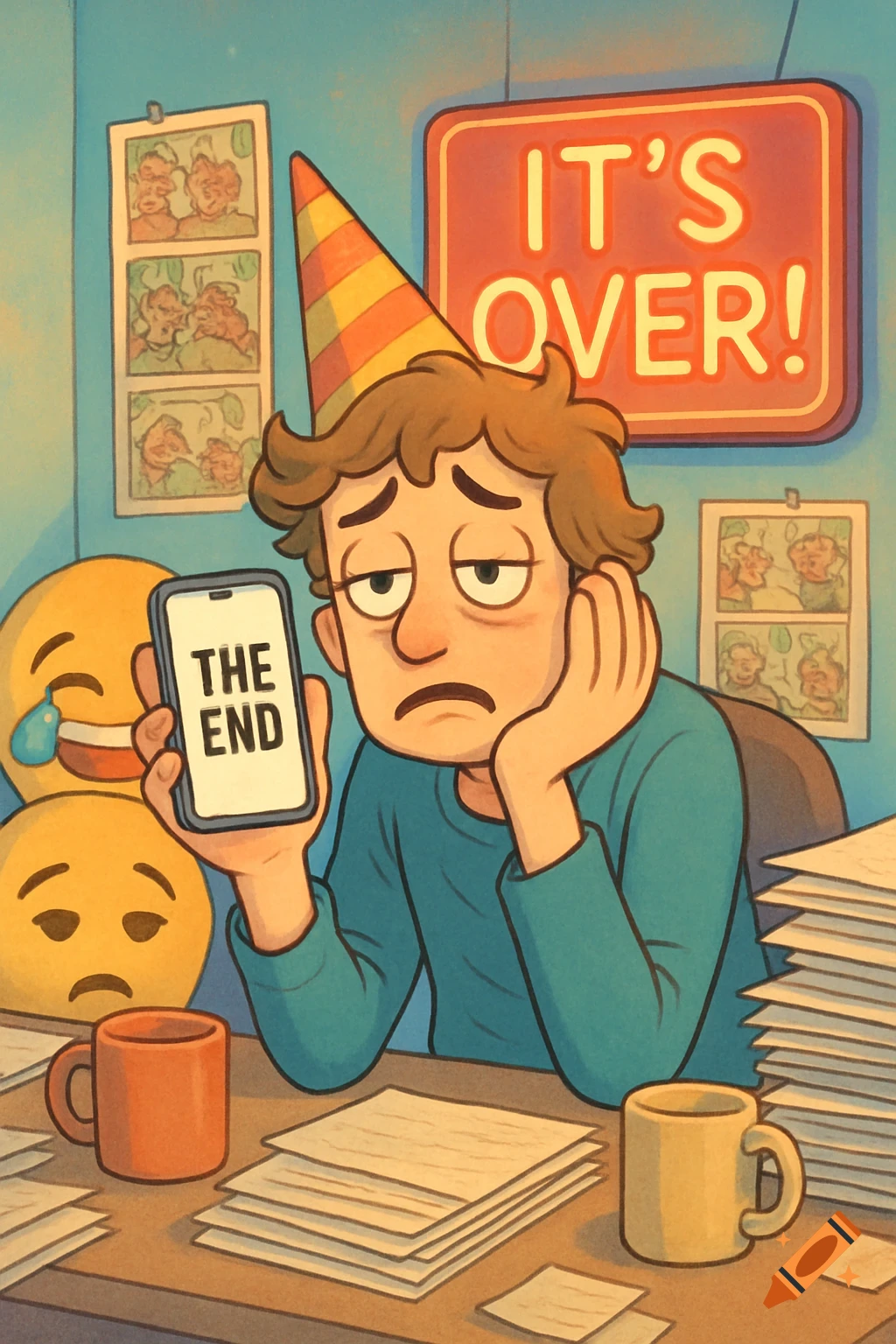 A tired, sad man in a party hat sits at an office desk, holding a phone displaying 'THE END' while a sign reads 'IT'S OVER!'. Cartoon style.