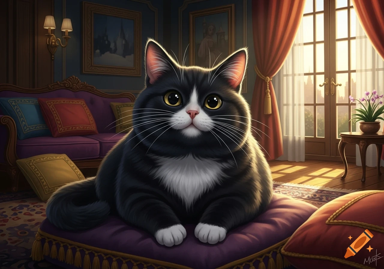 A cute, fluffy black and white cat with large yellow eyes sits on a purple cushion in a lavish room with large windows.