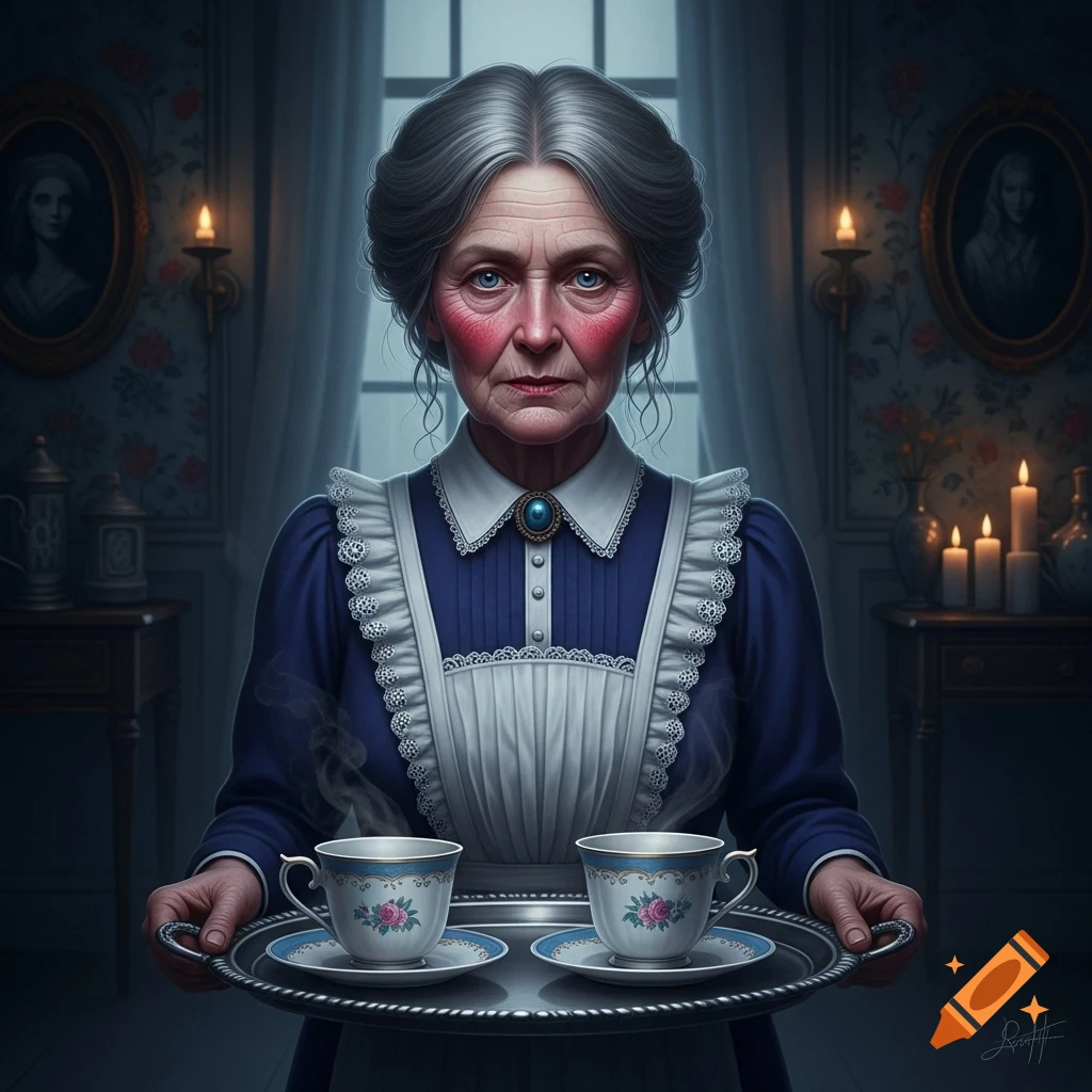 An elderly woman with a stern expression, gray hair, and flushed cheeks, wearing a blue dress and white apron, holds a silver tray with two cups of steaming tea in a dimly lit, vintage room.
